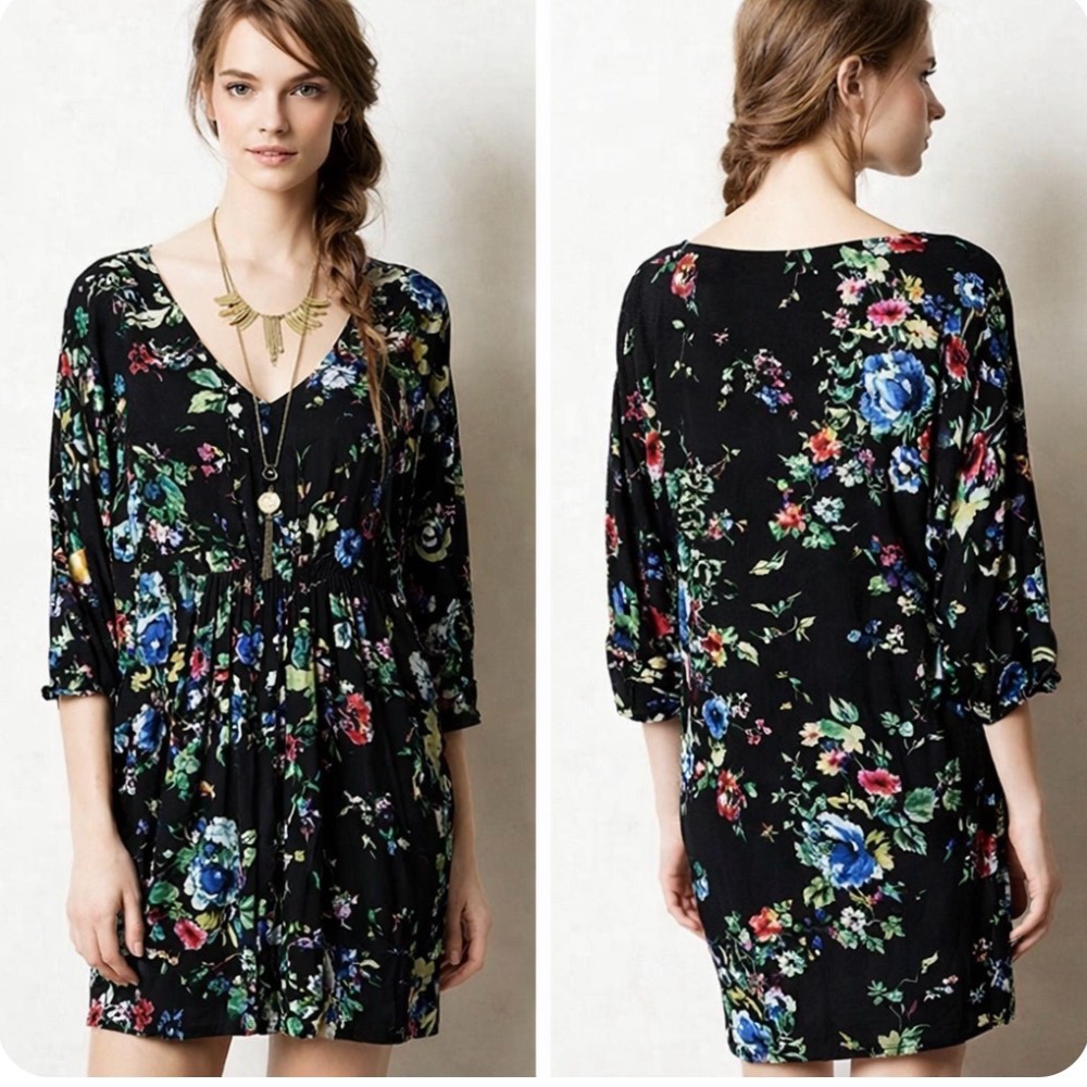 Anthropologie Maeve Dress Sz M Black Floral Mini Pockets V-Neck